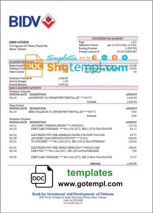 editable template, Vietnam BIDV bank statement template in Word and PDF format