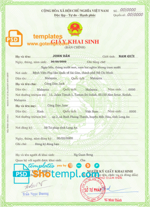 editable template, Vietnam birth certificate template in PSD format, fully editable