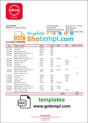 editable template, Zambia Absa bank statement template in Word and PDF format