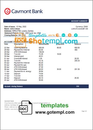 editable template, Zambia Cavmont bank statement template in Word and PDF format