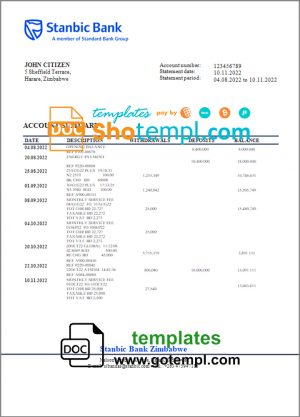 editable template, Zimbabwe Stanbic Bank statement template in Word and PDF format