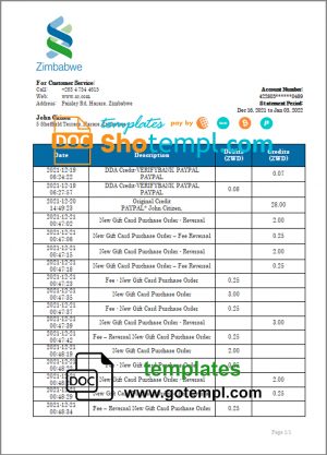 editable template, Zimbabwe Standard Chartered Bank statement template in Word and PDF format