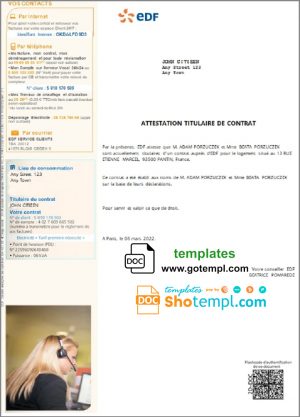 editable template, France EDF attestation de contrat template in Word and PDF format