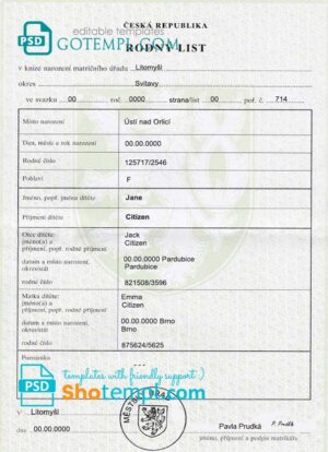 editable template, Czech birth certificate fully editable template in PSD format