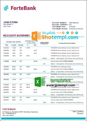 editable template, Kazakhstan Forte bank statement template in Excel and PDF format