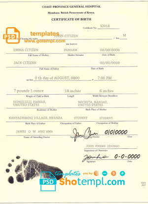 editable template, Kenya birth certificate template in PSD format, fully editable