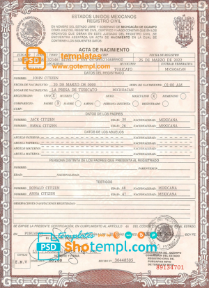 editable template, Mexico birth certificate template in PSD format, fully editable