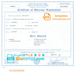 editable template, USA New York state marriage certificate template in PSD format, fully editable