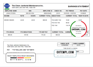 editable template, USA Texas commercial cleaning company earnings statement template in Word and PDF format