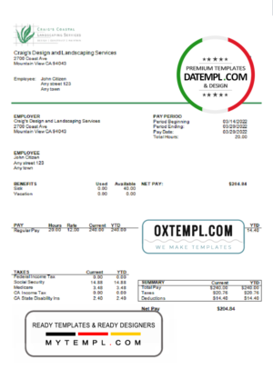 editable template, USA California design & landscaping services company pay stub template in Word and PDF format