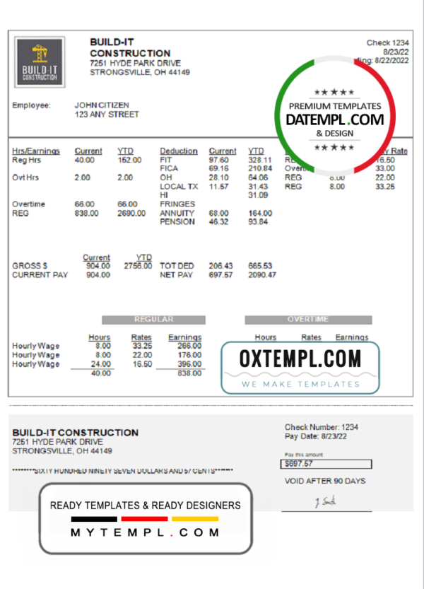 editable template, USA Ohio construction company earnings statement template in Word and PDF format