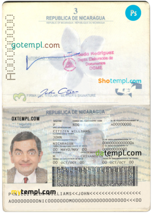 plantilla editable, Nicaragua plantilla de pasaporte en formato PSD, totalmente editable