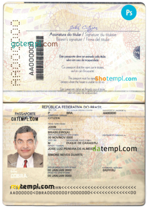 plantilla editable, plantilla de pasaporte de Brasil en formato PSD, totalmente editable, versión 2 (color de fondo cambiado)