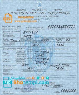 editable template, Romania birth certificate template in PSD format, fully editable