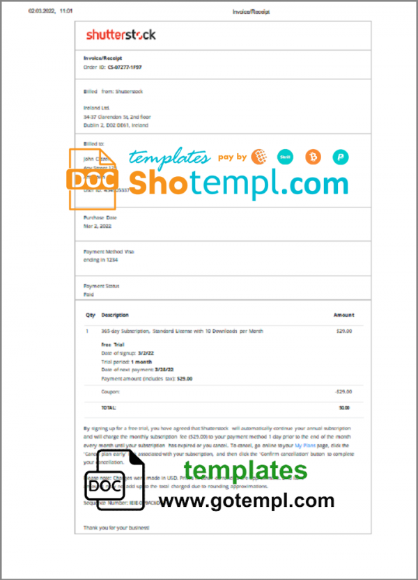 editable template, Ireland Shutterstock invoice template in Word and PDF format, fully editable