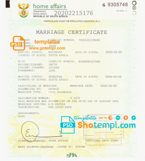 editable template, South Africa marriage certificate template in PSD format, fully editable