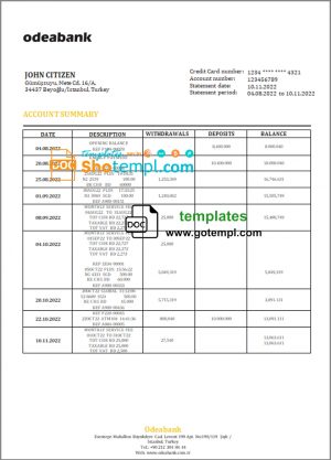 editable template, Turkey Odeabank bank statement template in .doc and .pdf format