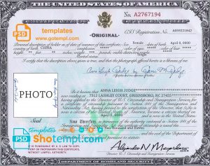 editable template, USA Citizenship certificate template in PSD format