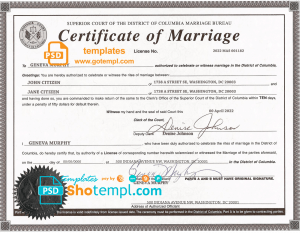editable template, USA Washington district of Columbia marriage certificate template in PSD format