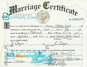 editable template, USA Oregon state marriage certificate template in PSD format