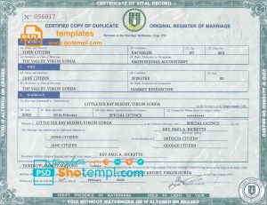 editable template, United Kingdom Virgin Islands marriage certificate template in PSD format