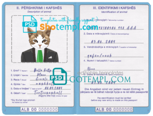 FREE editable template, Albania cat (animal, pet) passport PSD template, completely editable