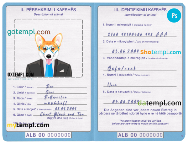 FREE editable template, Albania dog (animal, pet) passport PSD template, completely editable