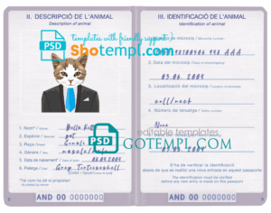 FREE editable template, Andorra cat (animal, pet) passport PSD template, fully editable