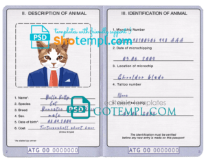 FREE editable template, Antigua and Barbuda cat (animal, pet) passport PSD template, fully editable