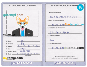 FREE editable template, Antigua and Barbuda dog (animal, pet) passport PSD template