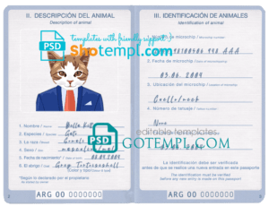 FREE editable template, Argentina cat (animal, pet) passport PSD template, fully editable