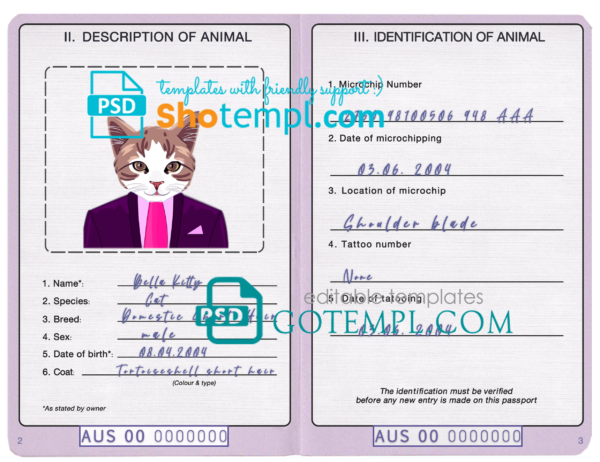 FREE editable template, Australia cat (animal, pet) passport PSD template, fully editable