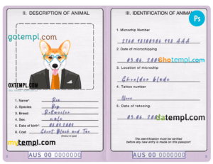 FREE editable template, Australia dog (animal, pet) passport PSD template, fully editable