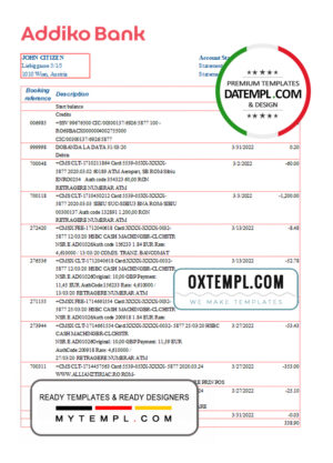 editable template, Austria Addiko bank statement template in Excel and PDF format