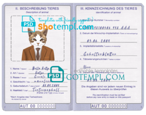 FREE editable template, Austria cat (animal, pet) passport PSD template, completely editable
