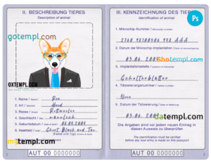 FREE editable template, Austria dog (animal, pet) passport PSD template, fully editable