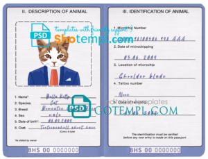 FREE editable template, Bahamas cat (animal, pet) passport PSD template, fully editable