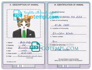 FREE editable template, Barbados cat (animal, pet) passport PSD template, fully editable