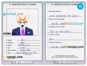 FREE editable template, Barbados dog (animal, pet) passport PSD template, fully editable