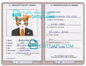 FREE editable template, Belize cat (animal, pet) passport PSD template, fully editable