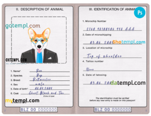 FREE editable template, Belize dog (animal, pet) passport PSD template, completely editable