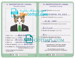 FREE editable template, Benin cat (animal, pet) passport PSD template, fully editable