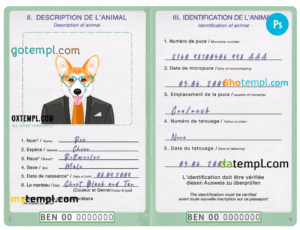FREE editable template, Benin dog (animal, pet) passport PSD template, completely editable