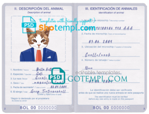 FREE editable template, Bolivia cat (animal, pet) passport PSD template, completely editable