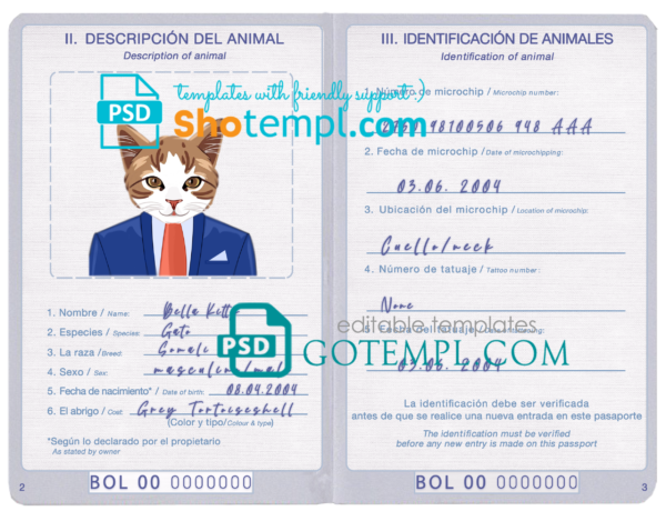 FREE editable template, Bolivia cat (animal, pet) passport PSD template, completely editable