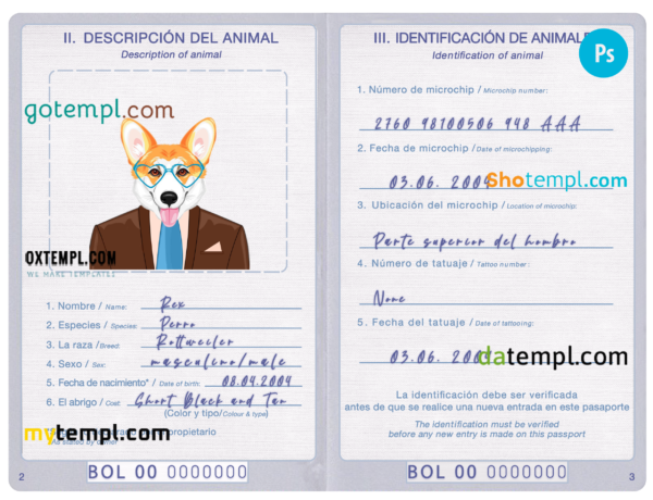 FREE editable template, Bolivia dog (animal, pet) passport PSD template, fully editable