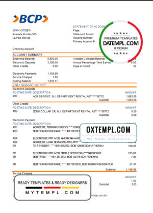 editable template, Bolivia Banco de Crédito de Bolivia bank statement template in Excel and PDF format
