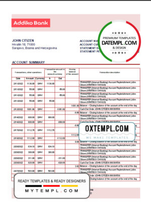 editable template, Bosnia and Herzegovina Addiko Bank statement template in Excel and PDF format (autosum)