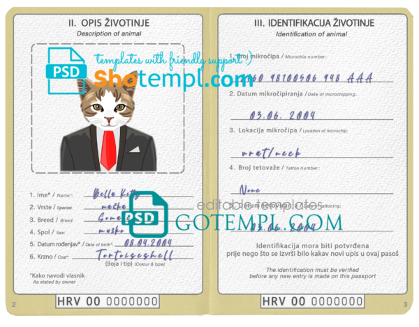 FREE editable template, Bosnia and Herzegovina cat (animal, pet) passport PSD template, fully editable