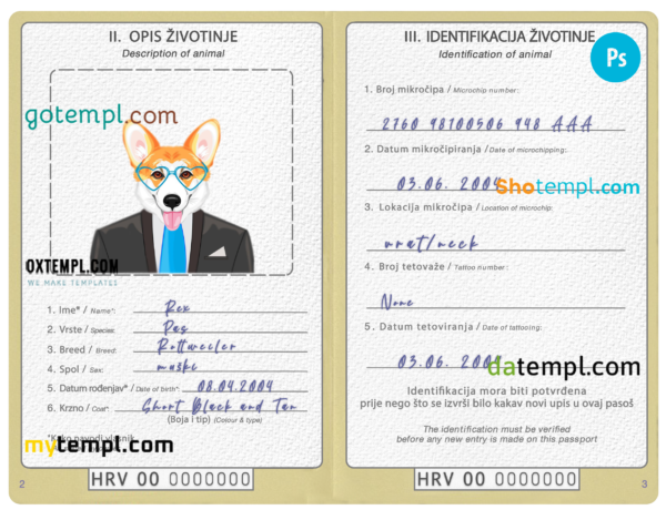 FREE editable template, Bosnia and Herzegovina dog (animal, pet) passport PSD template, fully editable